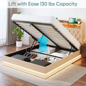 Queen Bed Frame with Storage - Lift Up Queen Size Bed Frame with Headboard, Upholstered Platform Bed with LED Lights & Charging Station, Hydraulic No Box Spring Needed Wood Slats Support, Beige - Wigtrends