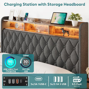 Queen Bed Frame with Storage - Lift Up Queen Size Bed Frame with Headboard, Upholstered Platform Bed with LED Lights & Charging Station, Hydraulic No Box Spring Needed Wood Slats Support, Beige - Wigtrends