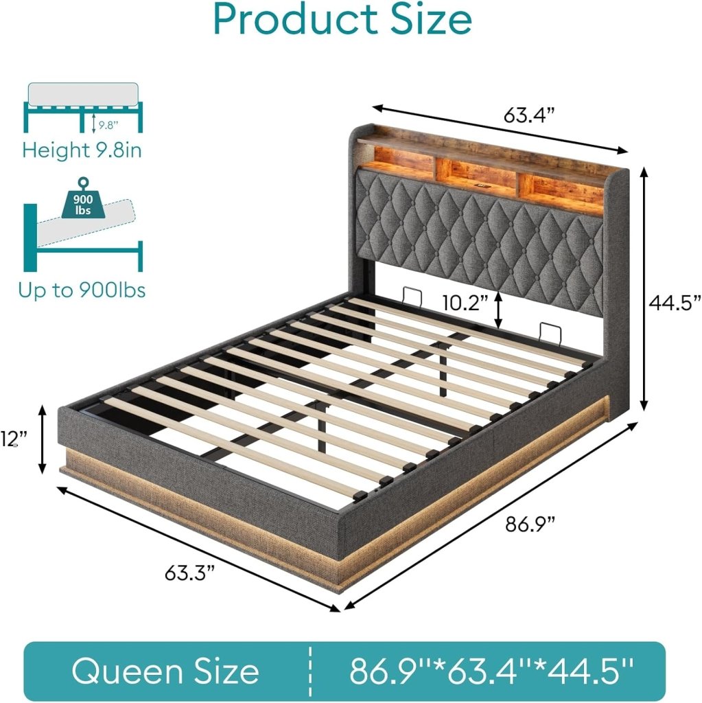 Queen Bed Frame with Storage - Lift Up Queen Size Bed Frame with Headboard, Upholstered Platform Bed with LED Lights & Charging Station, Hydraulic No Box Spring Needed Wood Slats Support, Beige - Wigtrends