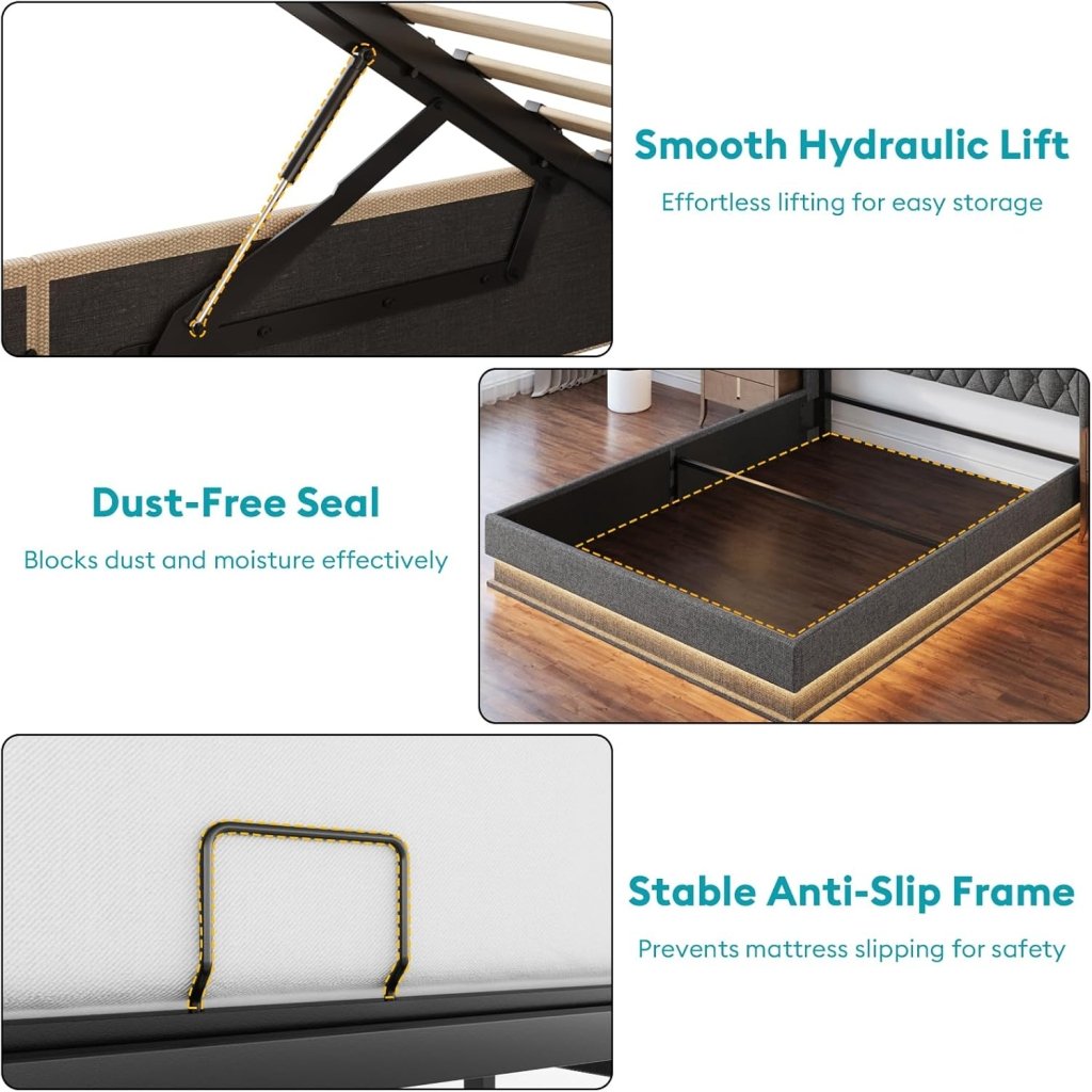 Queen Bed Frame with Storage - Lift Up Queen Size Bed Frame with Headboard, Upholstered Platform Bed with LED Lights & Charging Station, Hydraulic No Box Spring Needed Wood Slats Support, Beige - Wigtrends