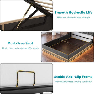 Queen Bed Frame with Storage - Lift Up Queen Size Bed Frame with Headboard, Upholstered Platform Bed with LED Lights & Charging Station, Hydraulic No Box Spring Needed Wood Slats Support, Beige - Wigtrends