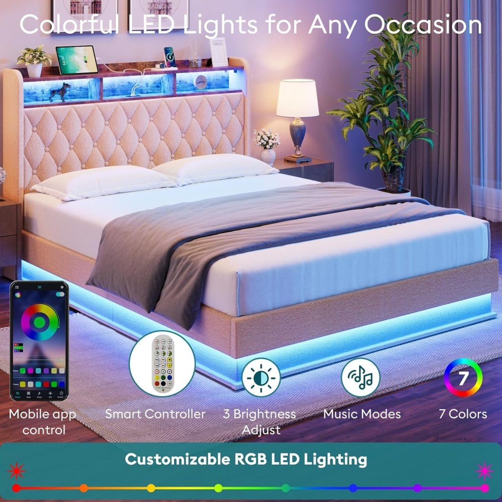 Queen Bed Frame with Storage - Lift Up Queen Size Bed Frame with Headboard, Upholstered Platform Bed with LED Lights & Charging Station, Hydraulic No Box Spring Needed Wood Slats Support, Beige - Wigtrends