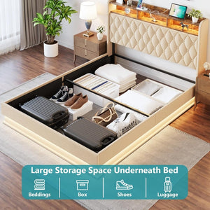 Queen Bed Frame with Storage - Lift Up Queen Size Bed Frame with Headboard, Upholstered Platform Bed with LED Lights & Charging Station, Hydraulic No Box Spring Needed Wood Slats Support, Beige - Wigtrends