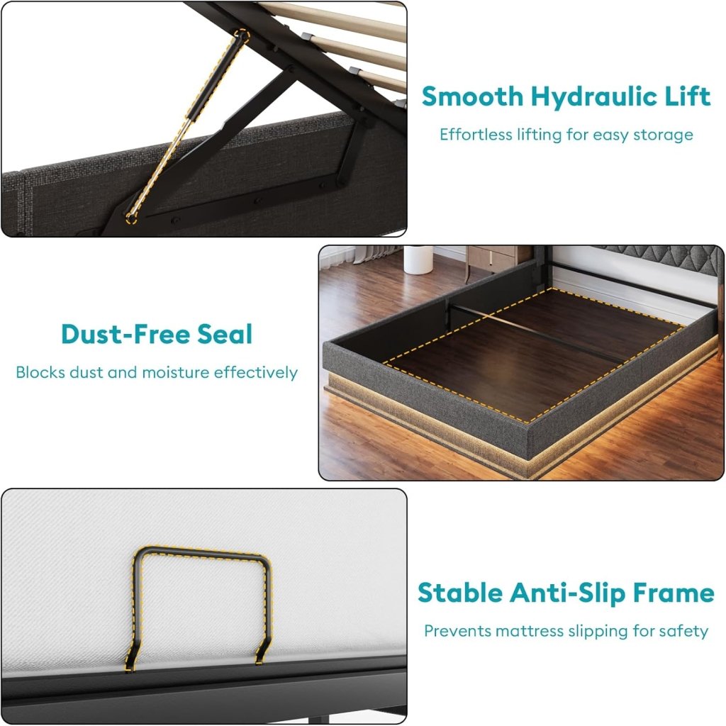 Queen Bed Frame with Storage - Lift Up Queen Size Bed Frame with Headboard, Upholstered Platform Bed with LED Lights & Charging Station, Hydraulic No Box Spring Needed Wood Slats Support, Beige - Wigtrends