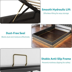 Queen Bed Frame with Storage - Lift Up Queen Size Bed Frame with Headboard, Upholstered Platform Bed with LED Lights & Charging Station, Hydraulic No Box Spring Needed Wood Slats Support, Beige - Wigtrends