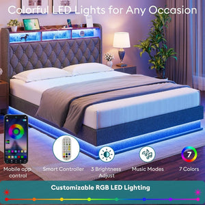 Queen Bed Frame with Storage - Lift Up Queen Size Bed Frame with Headboard, Upholstered Platform Bed with LED Lights & Charging Station, Hydraulic No Box Spring Needed Wood Slats Support, Beige - Wigtrends
