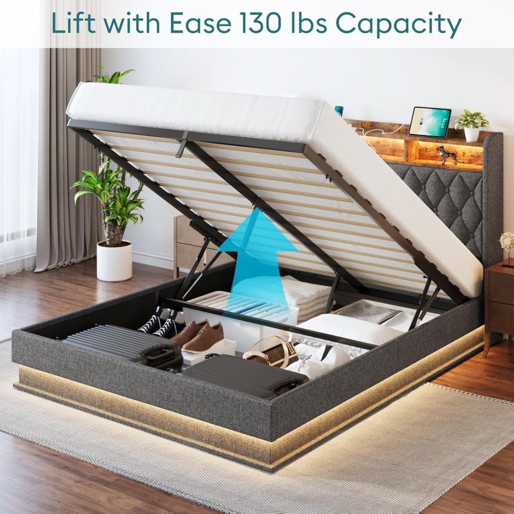 Queen Bed Frame with Storage - Lift Up Queen Size Bed Frame with Headboard, Upholstered Platform Bed with LED Lights & Charging Station, Hydraulic No Box Spring Needed Wood Slats Support, Beige - Wigtrends