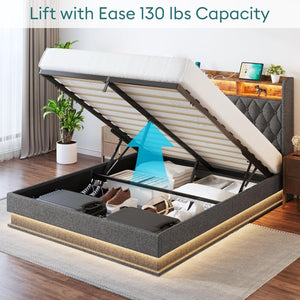 Queen Bed Frame with Storage - Lift Up Queen Size Bed Frame with Headboard, Upholstered Platform Bed with LED Lights & Charging Station, Hydraulic No Box Spring Needed Wood Slats Support, Beige - Wigtrends