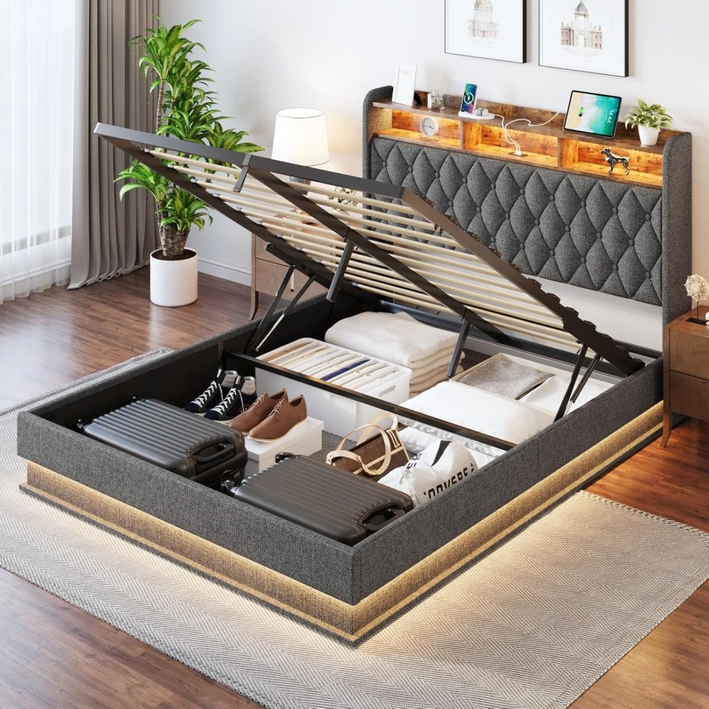 Queen Bed Frame with Storage - Lift Up Queen Size Bed Frame with Headboard, Upholstered Platform Bed with LED Lights & Charging Station, Hydraulic No Box Spring Needed Wood Slats Support, Beige - Wigtrends
