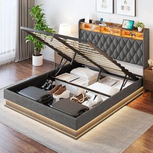 Queen Bed Frame with Storage - Lift Up Queen Size Bed Frame with Headboard, Upholstered Platform Bed with LED Lights & Charging Station, Hydraulic No Box Spring Needed Wood Slats Support, Beige - Wigtrends