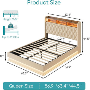 Queen Bed Frame with Storage - Lift Up Queen Size Bed Frame with Headboard, Upholstered Platform Bed with LED Lights & Charging Station, Hydraulic No Box Spring Needed Wood Slats Support, Beige - Wigtrends