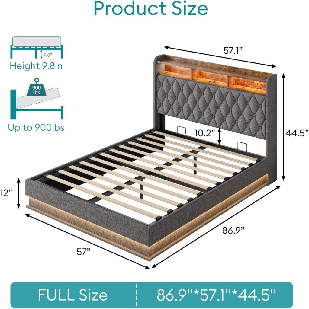 Queen Bed Frame with Storage - Lift Up Queen Size Bed Frame with Headboard, Upholstered Platform Bed with LED Lights & Charging Station, Hydraulic No Box Spring Needed Wood Slats Support, Beige - Wigtrends
