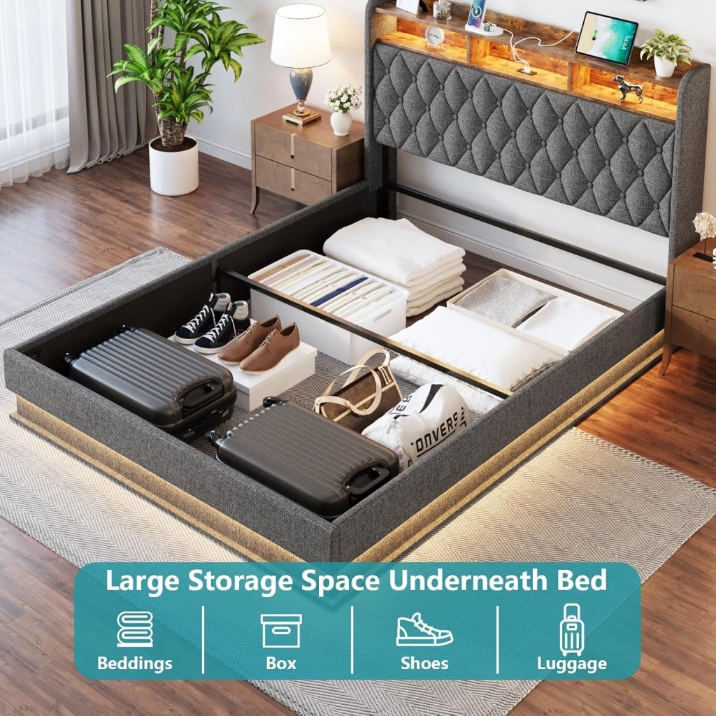 Queen Bed Frame with Storage - Lift Up Queen Size Bed Frame with Headboard, Upholstered Platform Bed with LED Lights & Charging Station, Hydraulic No Box Spring Needed Wood Slats Support, Beige - Wigtrends
