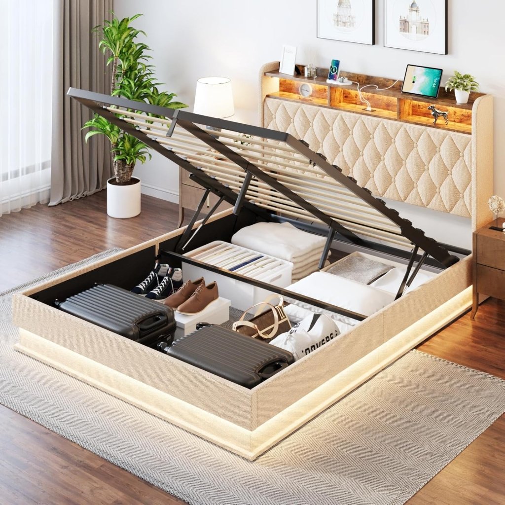 Queen Bed Frame with Storage - Lift Up Queen Size Bed Frame with Headboard, Upholstered Platform Bed with LED Lights & Charging Station, Hydraulic No Box Spring Needed Wood Slats Support, Beige - Wigtrends