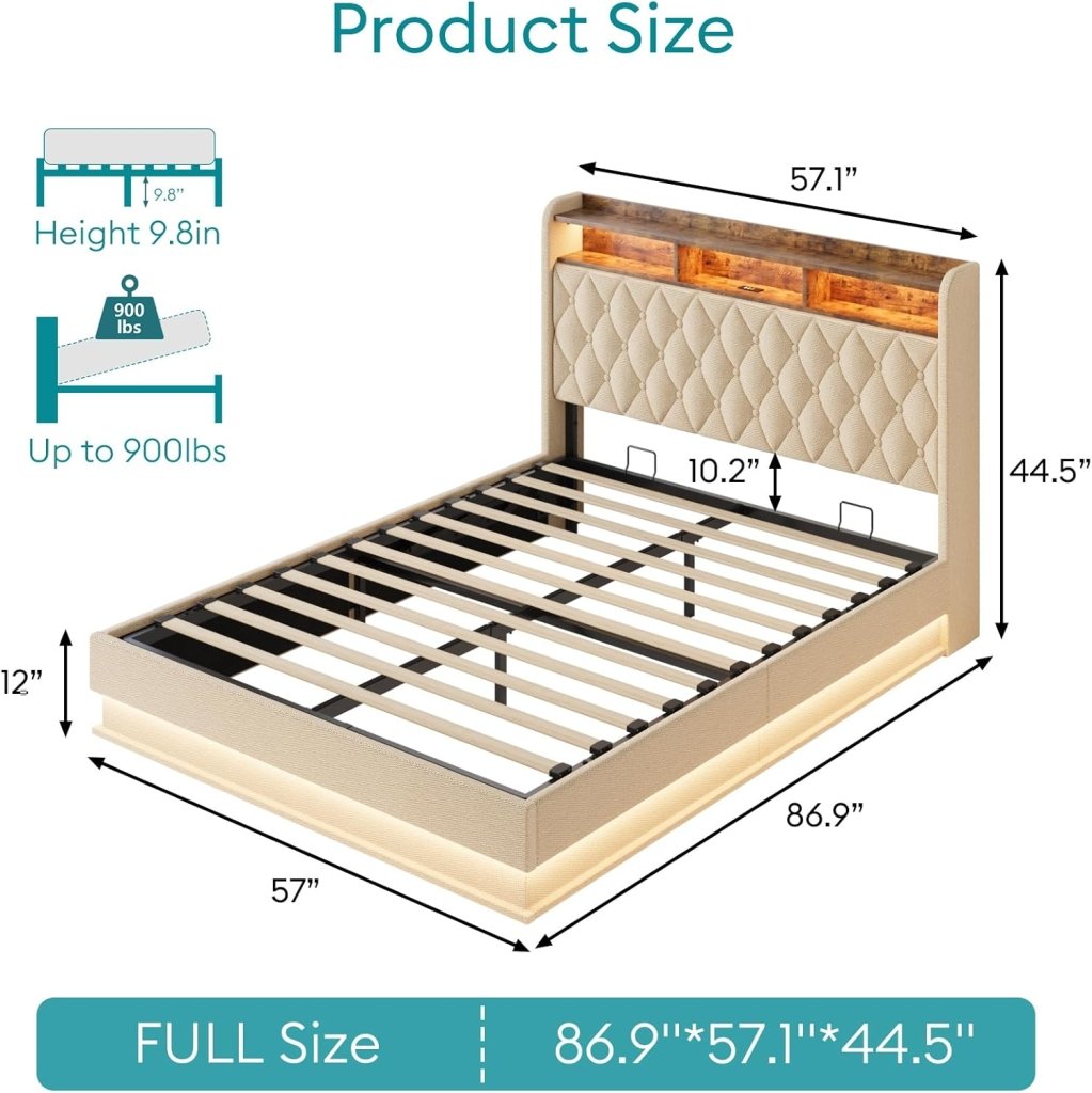 Queen Bed Frame with Storage - Lift Up Queen Size Bed Frame with Headboard, Upholstered Platform Bed with LED Lights & Charging Station, Hydraulic No Box Spring Needed Wood Slats Support, Beige - Wigtrends