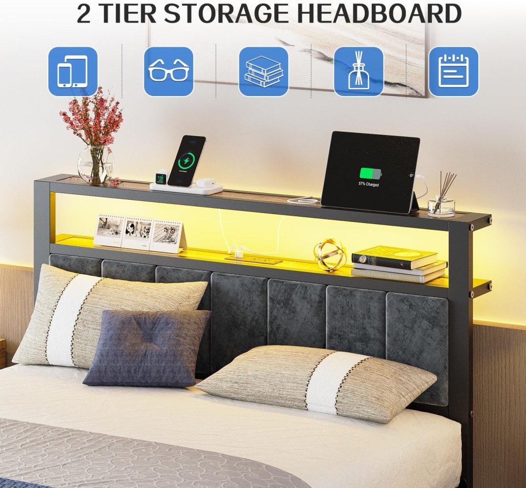 Queen Size Bed Frame with 2 - Tier Storage Shelves Headboard, Platform Bed with Charging Station, LED Lights No Box Spring Needed Noise Free - Wigtrends