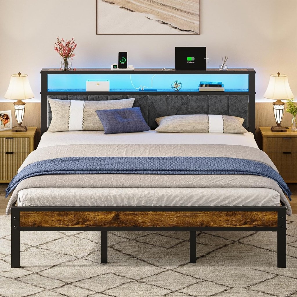 Queen Size Bed Frame with 2 - Tier Storage Shelves Headboard, Platform Bed with Charging Station, LED Lights No Box Spring Needed Noise Free - Wigtrends