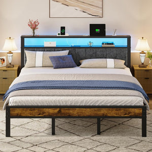 Queen Size Bed Frame with 2 - Tier Storage Shelves Headboard, Platform Bed with Charging Station, LED Lights No Box Spring Needed Noise Free - Wigtrends