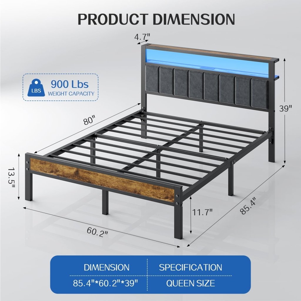 Queen Size Bed Frame with 2 - Tier Storage Shelves Headboard, Platform Bed with Charging Station, LED Lights No Box Spring Needed Noise Free - Wigtrends
