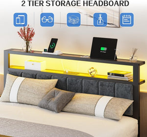 Queen Size Bed Frame with 2 - Tier Storage Shelves Headboard, Platform Bed with Charging Station, LED Lights No Box Spring Needed Noise Free - Wigtrends