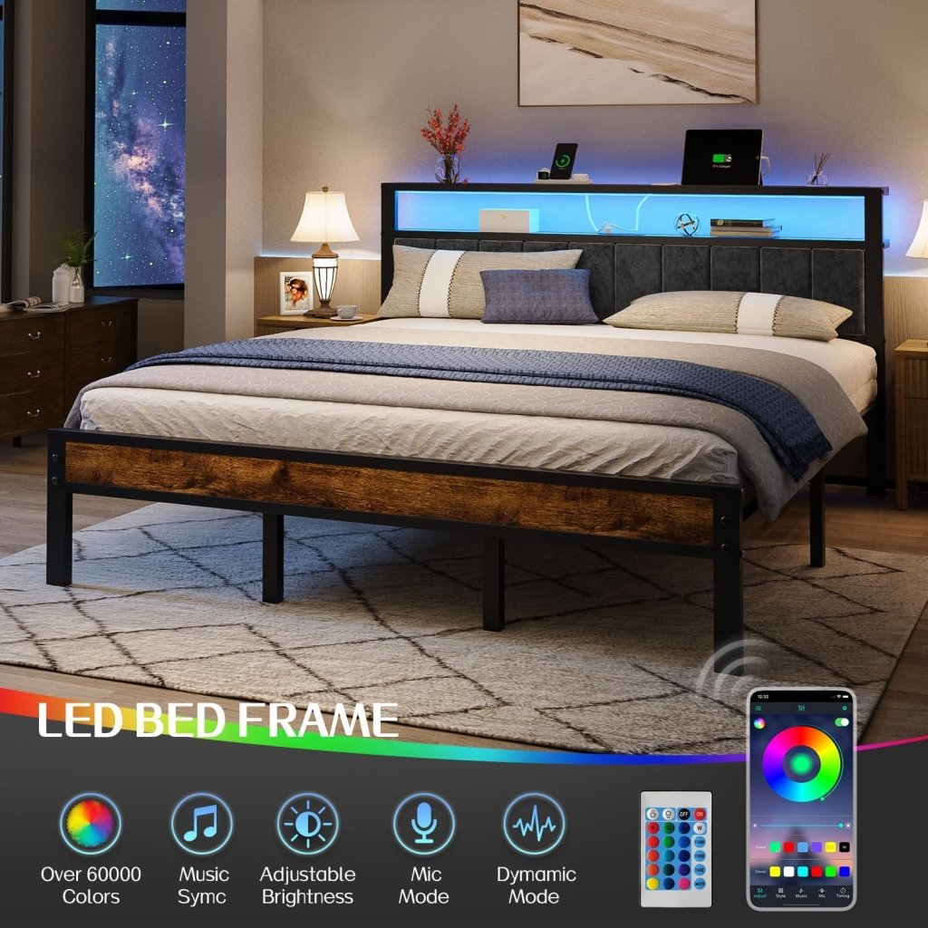 Queen Size Bed Frame with 2 - Tier Storage Shelves Headboard, Platform Bed with Charging Station, LED Lights No Box Spring Needed Noise Free - Wigtrends