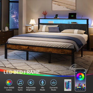 Queen Size Bed Frame with 2 - Tier Storage Shelves Headboard, Platform Bed with Charging Station, LED Lights No Box Spring Needed Noise Free - Wigtrends