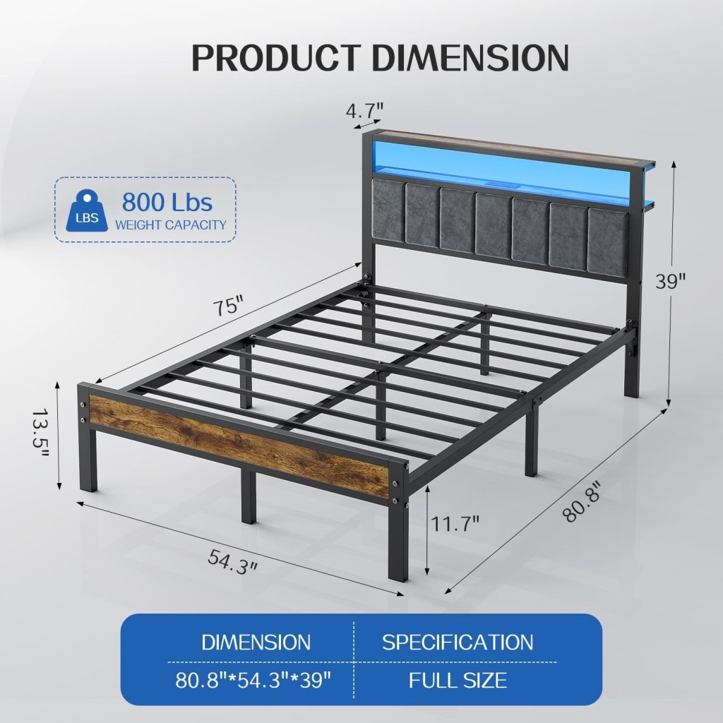 Queen Size Bed Frame with 2 - Tier Storage Shelves Headboard, Platform Bed with Charging Station, LED Lights No Box Spring Needed Noise Free - Wigtrends