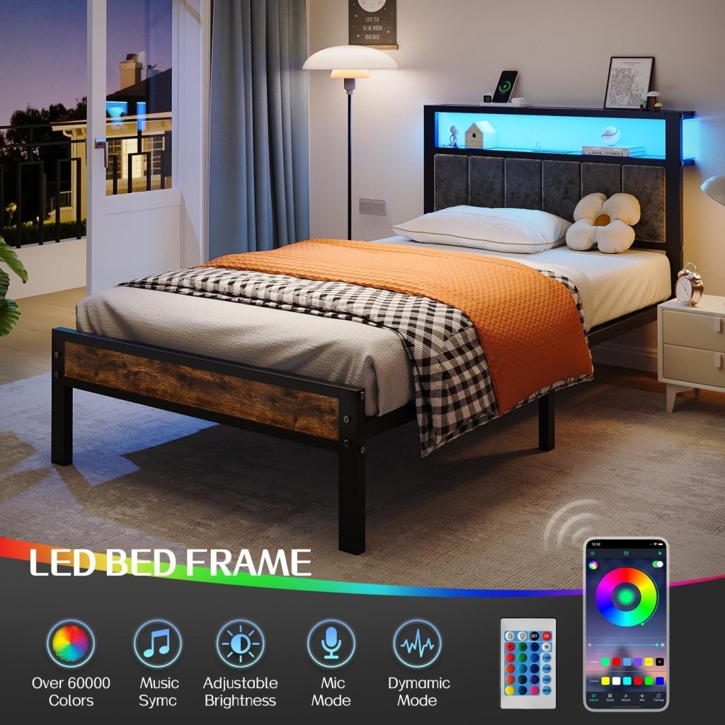 Queen Size Bed Frame with 2 - Tier Storage Shelves Headboard, Platform Bed with Charging Station, LED Lights No Box Spring Needed Noise Free - Wigtrends
