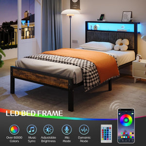 Queen Size Bed Frame with 2 - Tier Storage Shelves Headboard, Platform Bed with Charging Station, LED Lights No Box Spring Needed Noise Free - Wigtrends