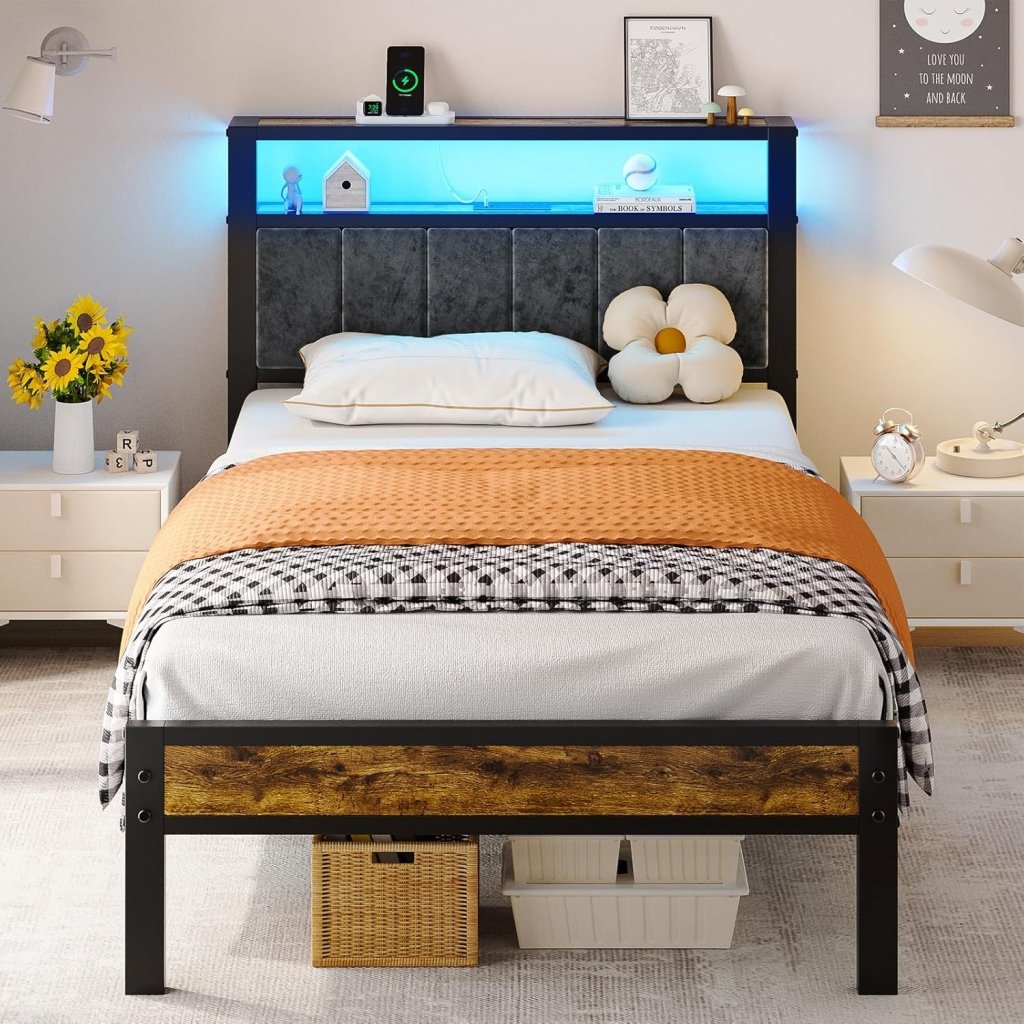 Queen Size Bed Frame with 2 - Tier Storage Shelves Headboard, Platform Bed with Charging Station, LED Lights No Box Spring Needed Noise Free - Wigtrends