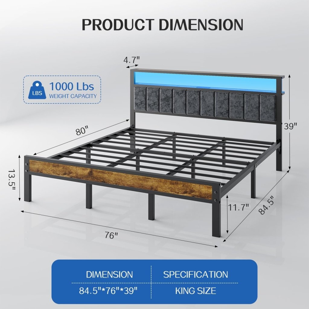 Queen Size Bed Frame with 2 - Tier Storage Shelves Headboard, Platform Bed with Charging Station, LED Lights No Box Spring Needed Noise Free - Wigtrends