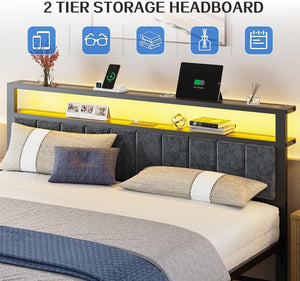 Queen Size Bed Frame with 2 - Tier Storage Shelves Headboard, Platform Bed with Charging Station, LED Lights No Box Spring Needed Noise Free - Wigtrends