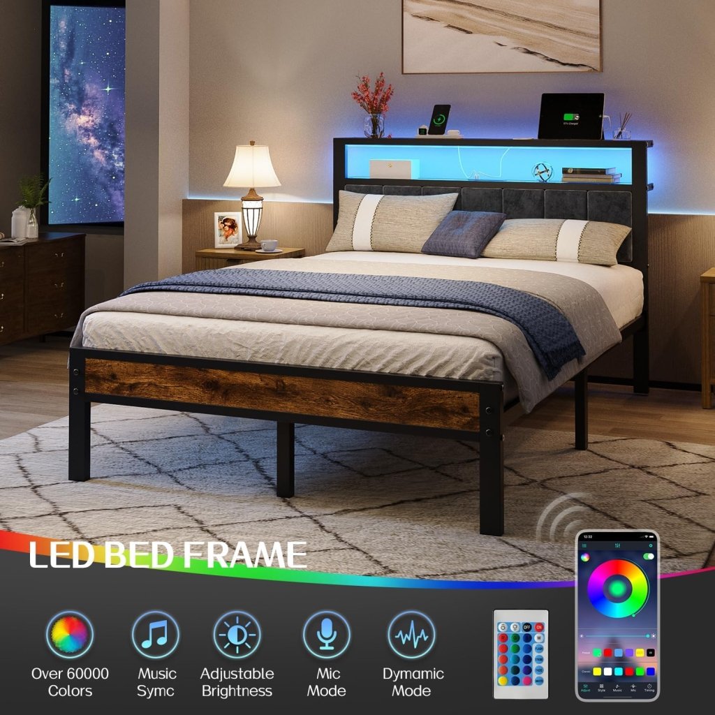 Queen Size Bed Frame with 2 - Tier Storage Shelves Headboard, Platform Bed with Charging Station, LED Lights No Box Spring Needed Noise Free - Wigtrends