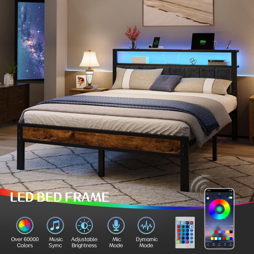 Queen Size Bed Frame with 2 - Tier Storage Shelves Headboard, Platform Bed with Charging Station, LED Lights No Box Spring Needed Noise Free - Wigtrends
