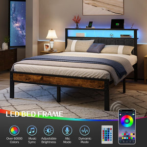 Queen Size Bed Frame with 2 - Tier Storage Shelves Headboard, Platform Bed with Charging Station, LED Lights No Box Spring Needed Noise Free - Wigtrends