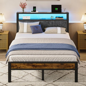 Queen Size Bed Frame with 2 - Tier Storage Shelves Headboard, Platform Bed with Charging Station, LED Lights No Box Spring Needed Noise Free - Wigtrends