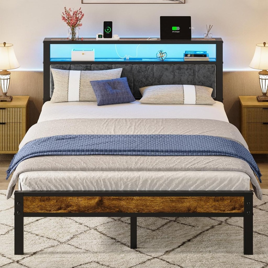 Queen Size Bed Frame with 2 - Tier Storage Shelves Headboard, Platform Bed with Charging Station, LED Lights No Box Spring Needed Noise Free - Wigtrends