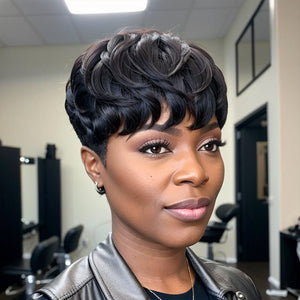 Ready - to - Wear Layered Pixie Cut Short Black Wig With Bangs 100% Human Hair Wigs - Wigtrends