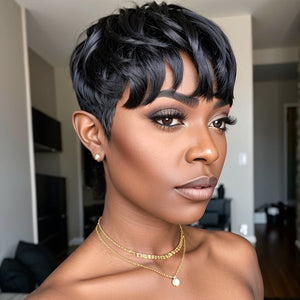 Ready - to - Wear Layered Pixie Cut Short Black Wig With Bangs 100% Human Hair Wigs - Wigtrends