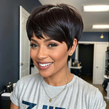 Ready - to - Wear Layered Pixie Cut Short Black Wig With Bangs 100% Human Hair Wigs - Wigtrends