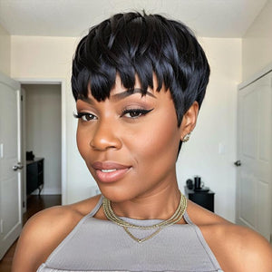 Ready - to - Wear Layered Pixie Cut Short Black Wig With Bangs 100% Human Hair Wigs - Wigtrends