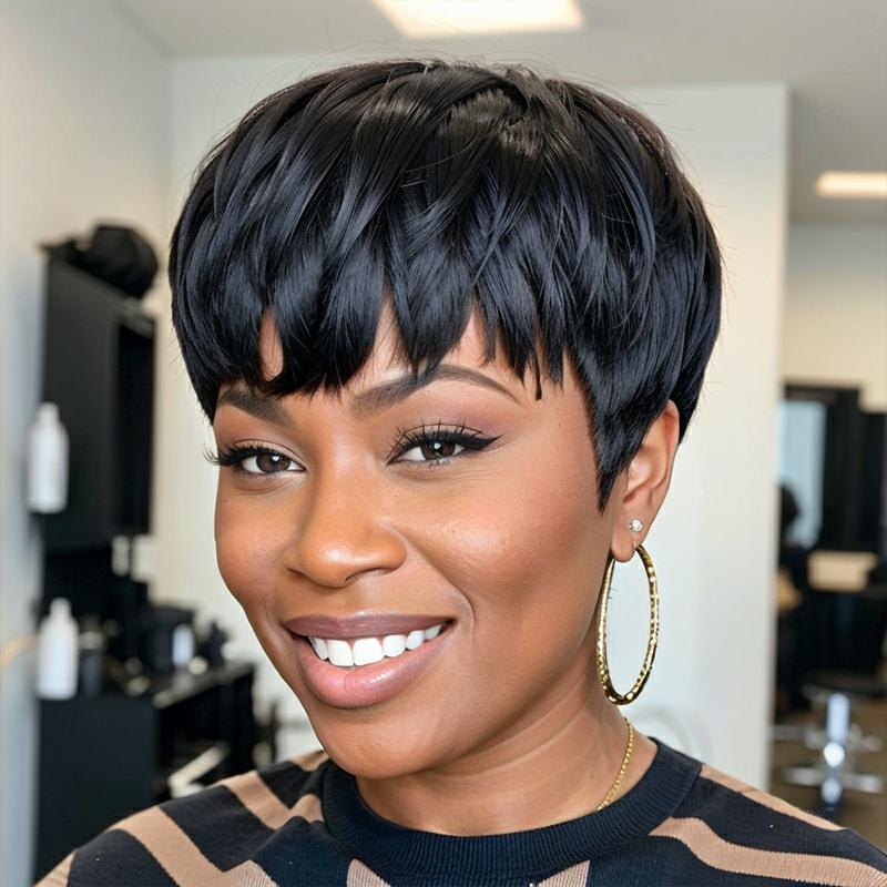 Ready - to - Wear Layered Pixie Cut Short Black Wig With Bangs 100% Human Hair Wigs - Wigtrends