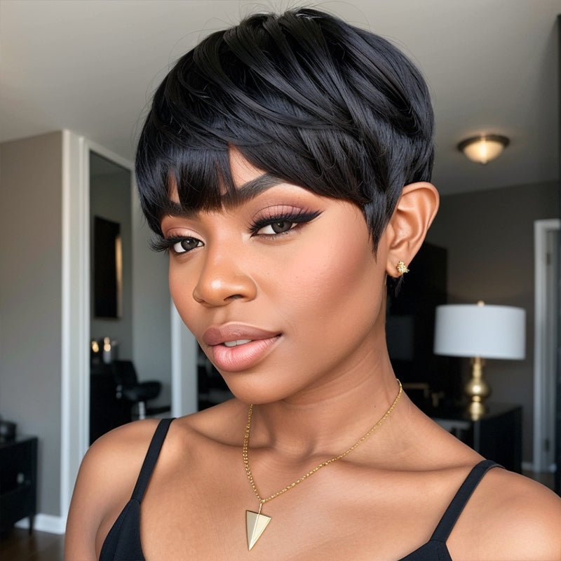 Ready - to - Wear Layered Pixie Cut Short Black Wig With Bangs 100% Human Hair Wigs - Wigtrends