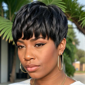 Ready - to - Wear Layered Pixie Cut Short Black Wig With Bangs 100% Human Hair Wigs - Wigtrends