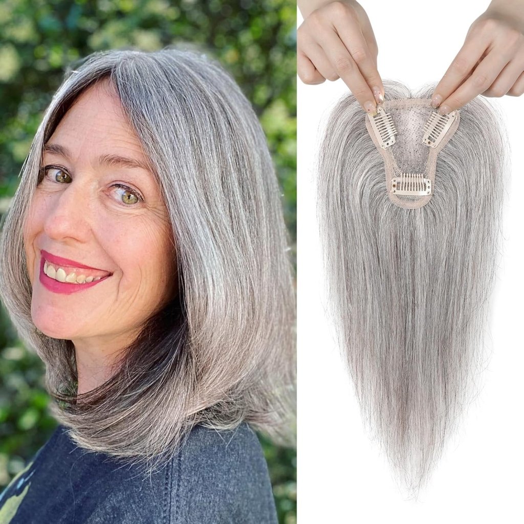 Real Human Hair Topper 10 inch Women Hair Toppers for Thinning Hair Light Grey Wigs - Wigtrends