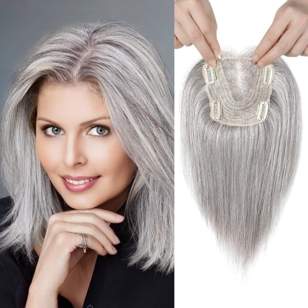 Real Human Hair Topper 10 inch Women Hair Toppers for Thinning Hair Light Grey Wigs - Wigtrends