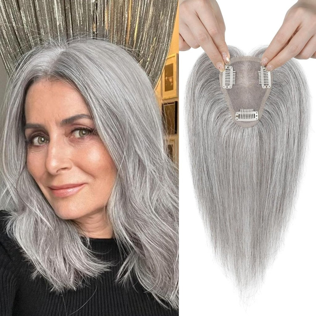 Real Human Hair Topper 10 inch Women Hair Toppers for Thinning Hair Light Grey Wigs - Wigtrends