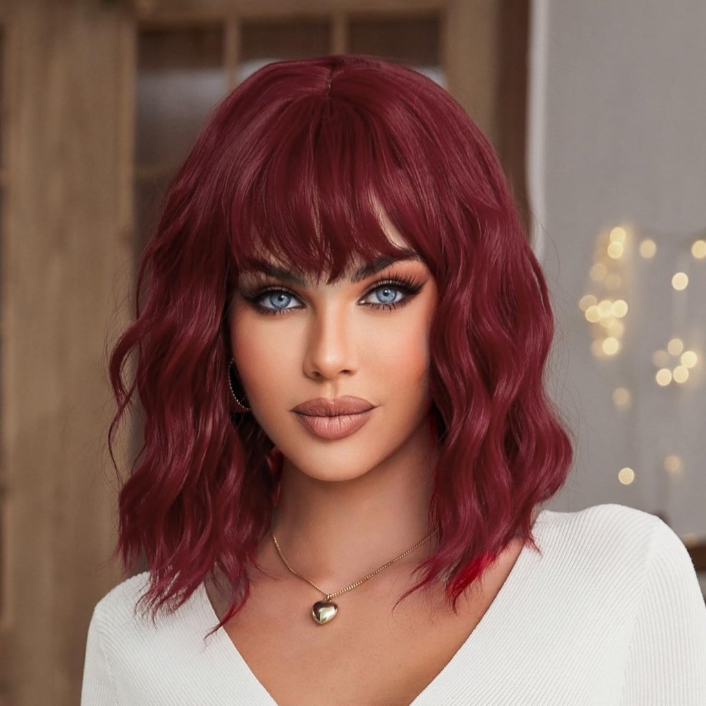 Red Wig with Bangs Short Wavy Wigs for Women Wine Red Curly Shoulder Length Bob Human Hair Wig - Wigtrends