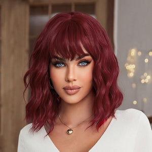 Red Wig with Bangs Short Wavy Wigs for Women Wine Red Curly Shoulder Length Bob Human Hair Wig - Wigtrends