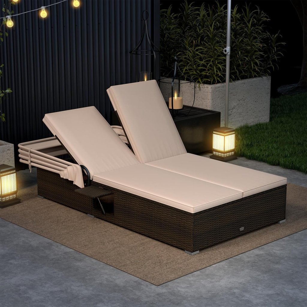 RELAX4LIFE Outdoor Daybed with Retractable Canopy - Wicker Double Chaise Lounge w/6 - Position Backrest, 2 Folding Side Trays & Cushions, 2 - Seater Loveseat Sunbed for Backyard, Rattan Patio Bed Lounger - Wigtrends